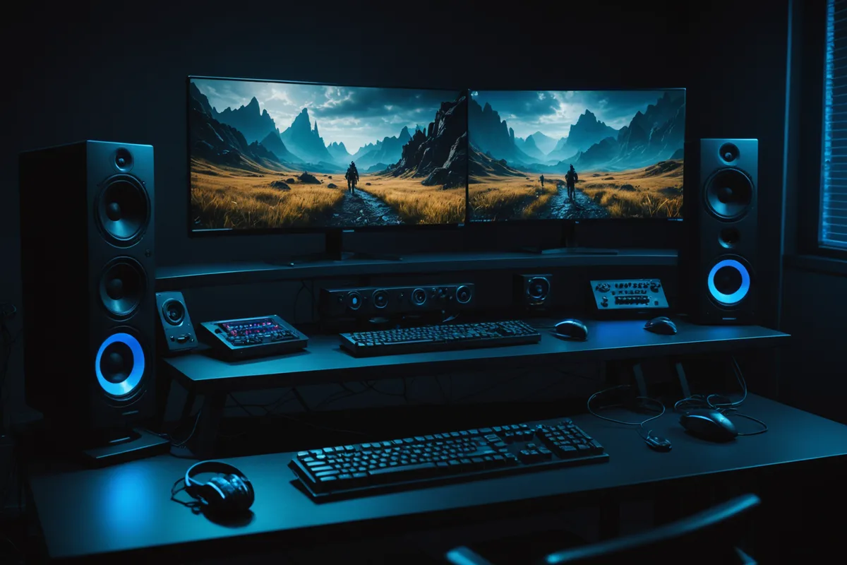 Game studio audio workstation — dark environment with monitor glow